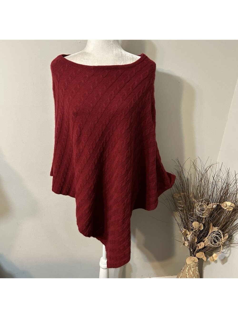 NWT 100% Cashmere Asymmetric Boat Neck Cable Knit Red Poncho Cape One Size Flaw